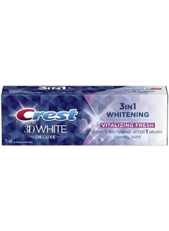 Crest 3D White Deluxe Vitalizing Fresh, Enamel Safe Toothpaste, 75 ml - Image 1